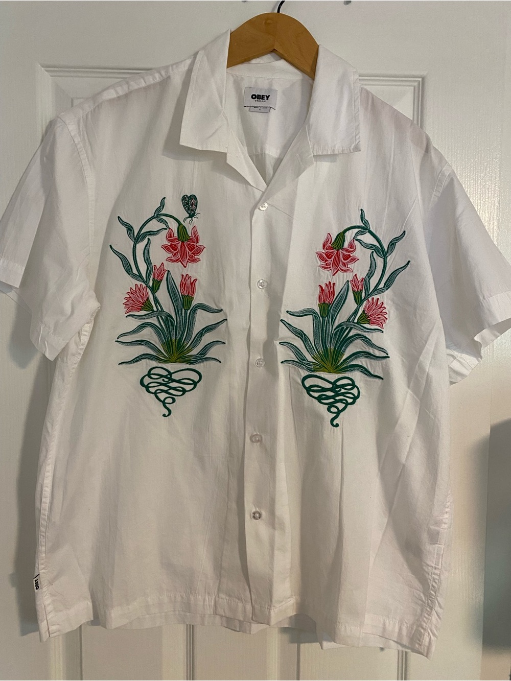 Obey White Short-Sleeve Button-Up Shirt with Pink & Green Floral Embroidery
